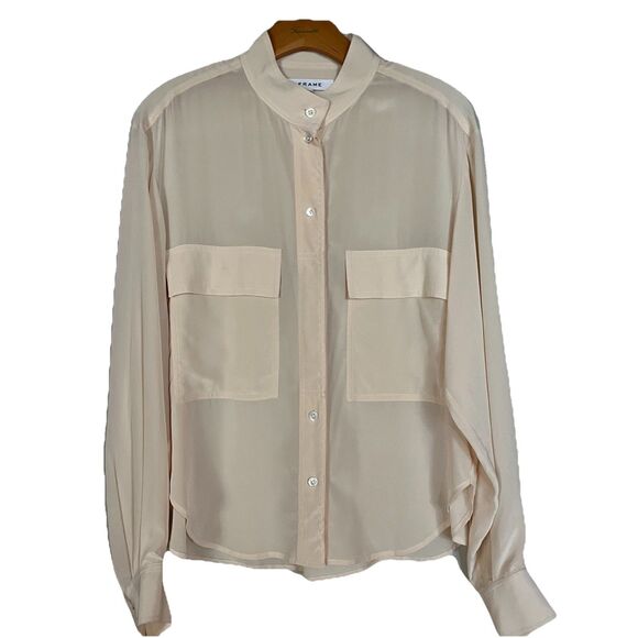 Frame 100% Silk Long Sleeve Button Down Blouse, Patch Pockets Ivory Size Small - Picture 1 of 15